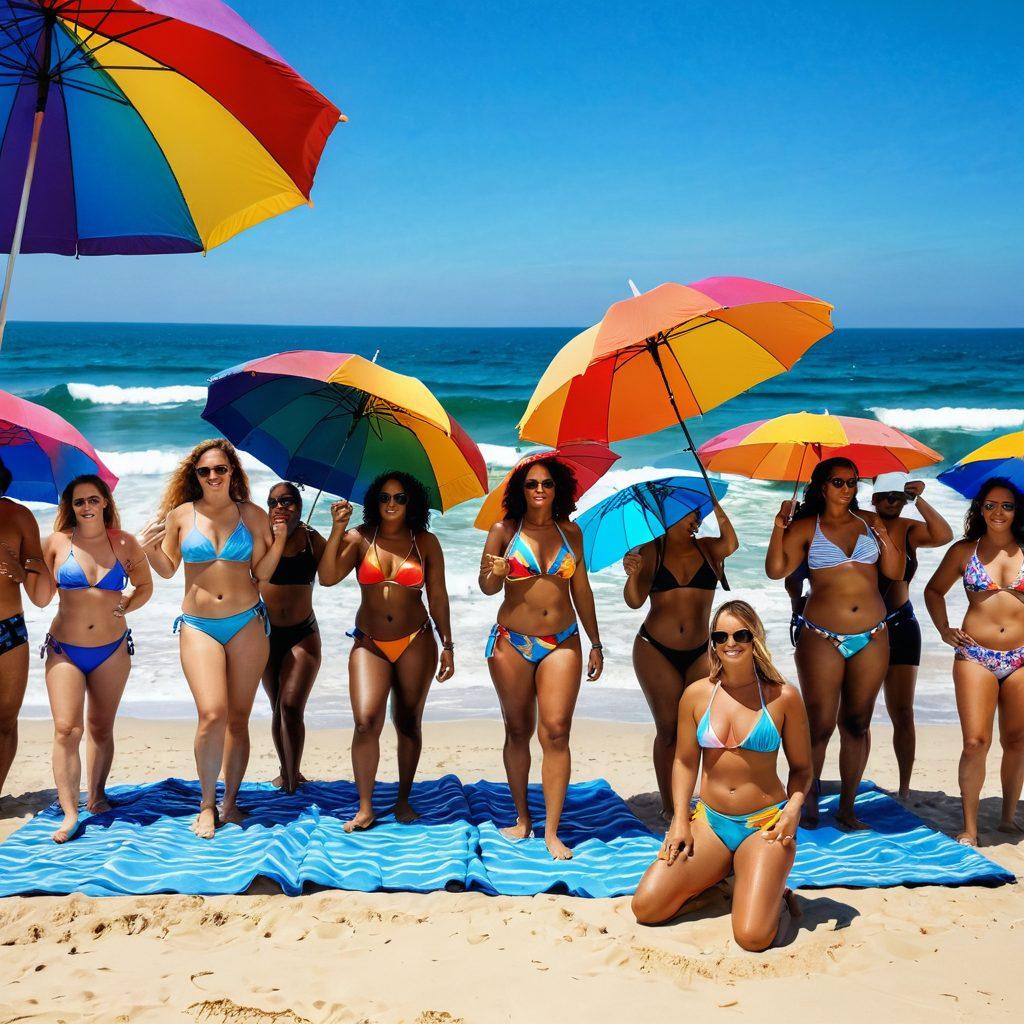 A vibrant beach scene featuring diverse individuals wearing stylish trunks and bikinis, showcasing various body types and confidence. Colorful umbrellas and beach towels dot the sand, while a rainbow flag prominently waves in the background. Emphasize the lively atmosphere with sunbathers, surfers catching waves, and a clear blue sky. Capture the spirit of inclusivity and celebration of Pride. super-realistic. vibrant colors. beach vibes.